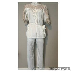Vintage Nylon Lace Pajama Boudoir Set White Tan Beige Top & Pants Size Small